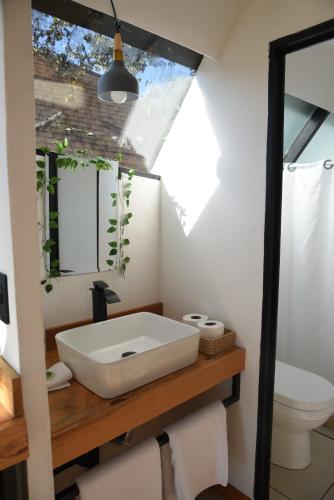 a bathroom with a white sink and a toilet at Cabaña Gokotta, Punta del Bosque in Huasca de Ocampo