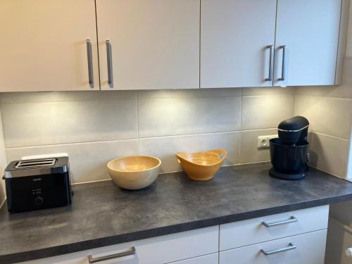 a kitchen counter with two bowls and a toaster at Am Biebricher Schloßpark in Wiesbaden