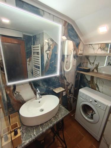 a bathroom with a sink and a washing machine at Apartment Pod Lipom in Roč