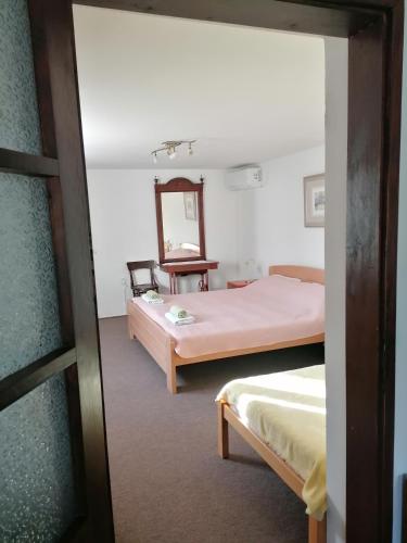a bedroom with two beds and a mirror at Orljak in Babina Greda