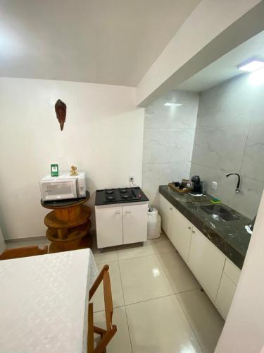 a small kitchen with a sink and a microwave at Hospedaria Klagemberg in Treze Tílias