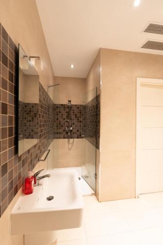 a bathroom with a sink and a shower at Blue Line Sliema in San Pawl il Bahar