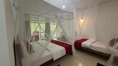 two beds in a room with mosquito nets at Evergreen Cottage in Ella