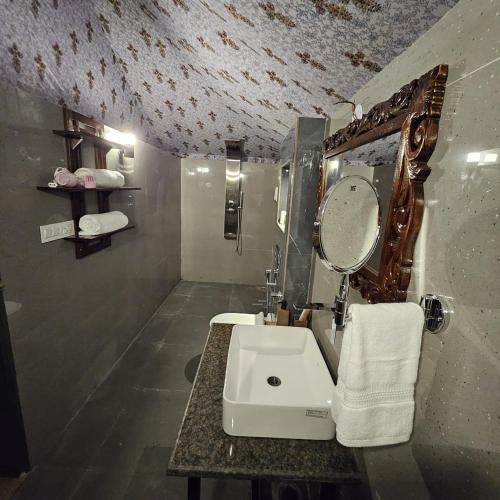 a bathroom with a sink and a mirror at Tiger Woods Ranthambore in Sawāi Mādhopur