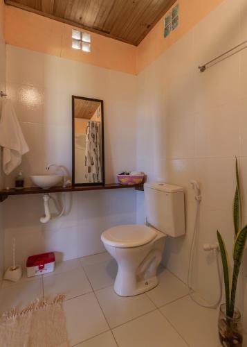 a bathroom with a toilet and a sink at Chalé Pé de Araçá - Massarandupió in Entre Rios