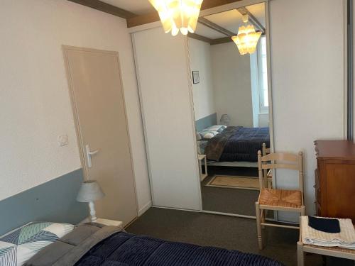 a bedroom with a bed and a large mirror at La Cascade appartement F2 in Eaux-Bonnes