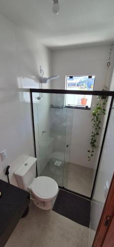 a bathroom with a toilet and a glass wall at Casa42 aconchego perto de Florianópolis in Palhoça