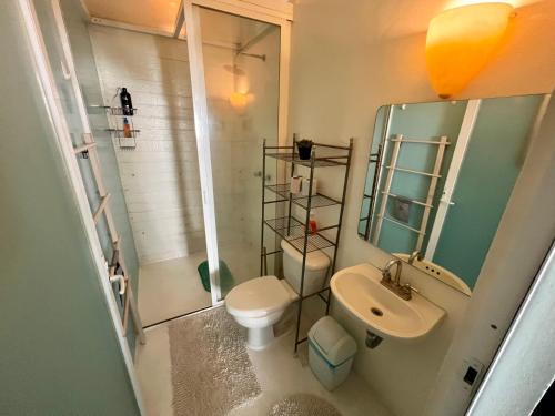 a small bathroom with a toilet and a sink at fascinating loft with swimming pool in Oaxaca City