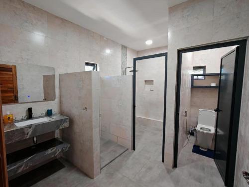 a bathroom with a shower and a sink and a toilet at Label résidence 2 in Grand-Baie