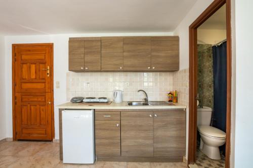 a small kitchen with a sink and a toilet at Barbarossa Apartments in Vrachonisída Prasonísi