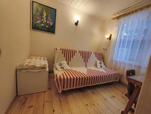 a small room with a bed and a window at Domek nad Narwią in Zatory