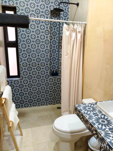 a bathroom with a toilet and a shower at Villa Lara Palacios, tu oasis en Mérida in Mérida