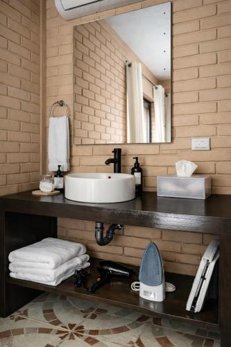 a bathroom with a sink and a mirror at Hotel Flamora-Valle de Guadalupe in Francisco Zarco