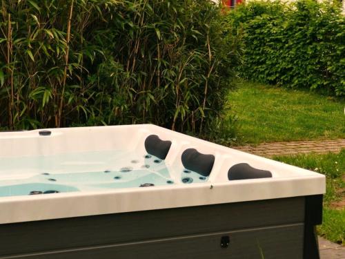 a bath tub filled with water in a yard at Casa Leonardo in Göhren-Lebbin
