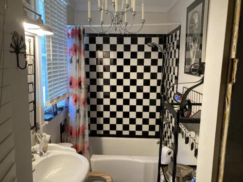 a bathroom with a black and white checkered shower curtain at The Zoo - This is it! in Saugatuck