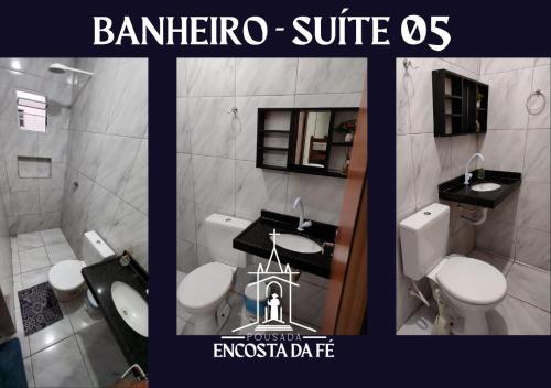 a collage of three pictures of a bathroom at Pousada Encosta da Fé - Unidade Centro in Juazeiro do Norte