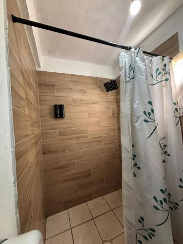 a bathroom with a shower with a shower curtain at Hostal Corazón de Allende in San Miguel de Allende