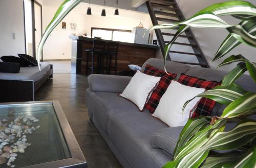 a living room with a gray couch with pillows at Calas del Diablo in Punta Del Diablo