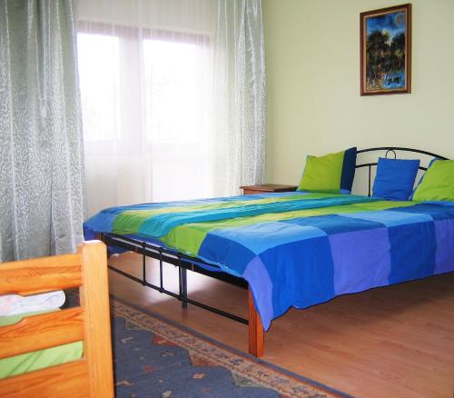 Schlafzimmer mit einem Bett und einem Fenster in der Unterkunft Aqua Apartman in Révfülöp