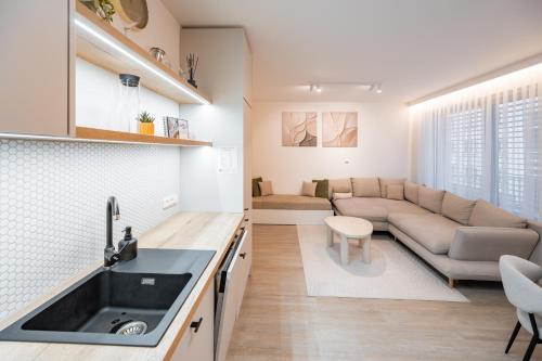a kitchen and living room with a couch and a sink at Rezidence Sadová Zlín in Zlín