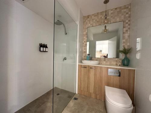 a bathroom with a toilet and a sink and a mirror at Beachfront Studio Fabulous Location in Deewhy