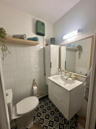un bagno con un WC bianco e un lavandino di Les Kikous a Le Grau-du-Roi