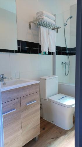 a bathroom with a toilet and a sink and a mirror at C&H Aravaca Garden in Madrid