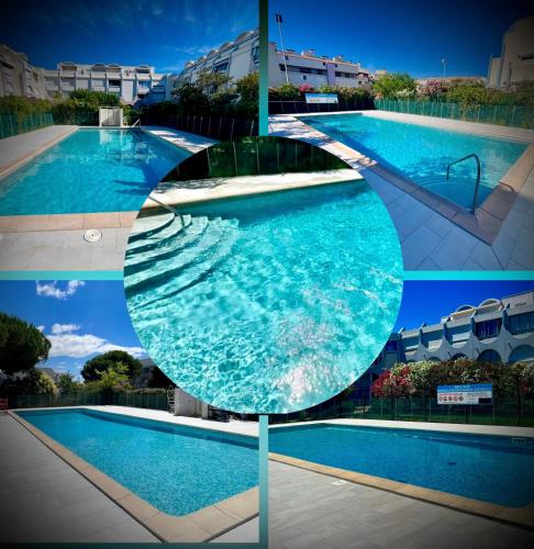 un collage di quattro immagini di una piscina di Les Kikous a Le Grau-du-Roi