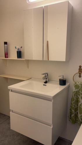 a kitchen with a sink and white cabinets at Sommerhus, Edvinstua. in Pettvik