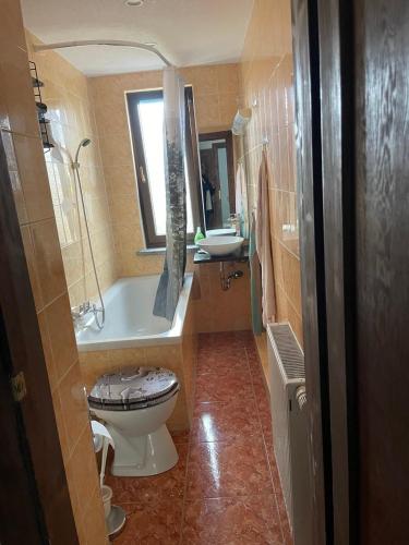 a bathroom with a toilet and a tub and a sink at Mila's Fewo in Stollberg