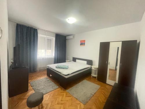 a bedroom with a bed and a mirror in it at Apartament Nich in Mangalia