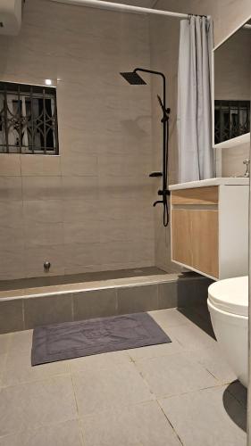 a bathroom with a shower and a toilet at The Basileia Court in Janman
