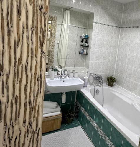 a bathroom with a tub and a sink and a bath tub at Apartments Centrum in Rožnov pod Radhoštěm