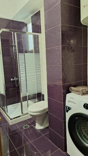 a bathroom with a toilet and a shower and a washing machine at City Comfort Sparti in Sparta