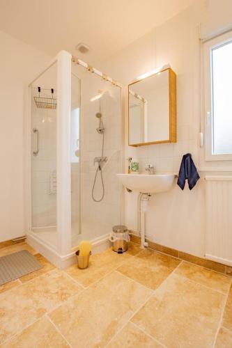 a bathroom with a shower and a sink at La Maison du Lac in Montceau-les-Mines