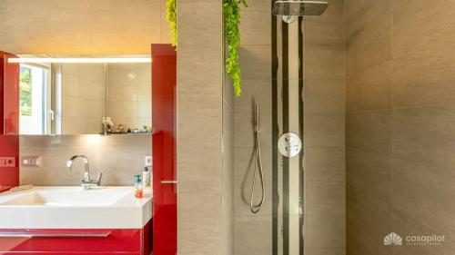 a bathroom with a sink and a shower at Mom's Home in Burg-Reuland