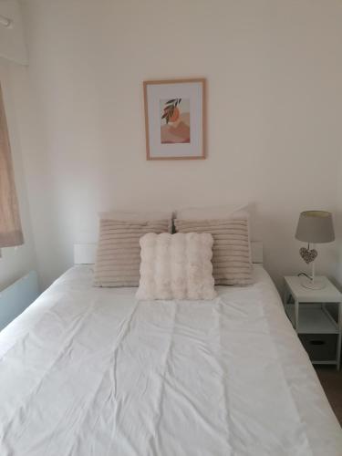 a white bed with two pillows in a bedroom at Chambre double avec salle de bain commune, a 2 min de la Croisette in Cannes