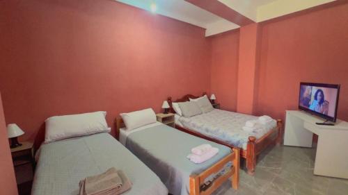a room with two beds and a tv on a wall at Casa Alfonso 4 huéspedes y cochera gratis in Humahuaca