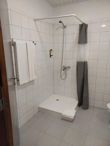 a white tiled bathroom with a shower and a toilet at Retiro das Camélias 3 in Lajes das Flores