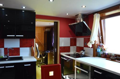 a kitchen with black cabinets and a red wall at MSC Apartments Honeymoon in Zakopane