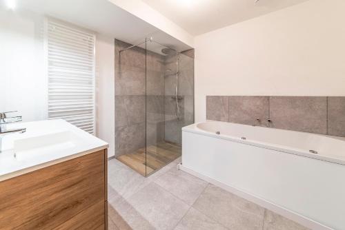 ein Badezimmer mit Badewanne, Waschbecken und Dusche in der Unterkunft Le Milan in Nassogne
