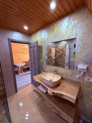 a bathroom with a sink and a mirror at Cabana AFrame Olanesti in Băile Olăneşti