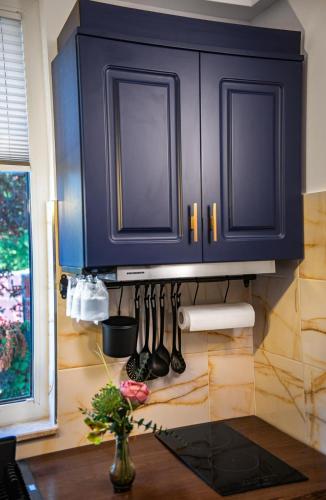 a kitchen with blue cabinets and utensils on the wall at Studio Noa Escape in Saturn
