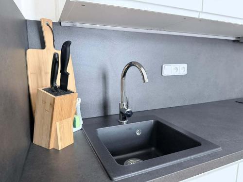 a kitchen counter with a sink and a knife block at Parkány Litoměřice in Litoměřice