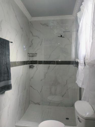 a bathroom with a glass shower with a toilet at Roxy's in Richards Bay