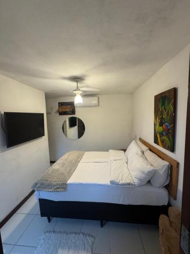 a bedroom with a bed and a flat screen tv at Pouso Sabiá Suítes in Paraty