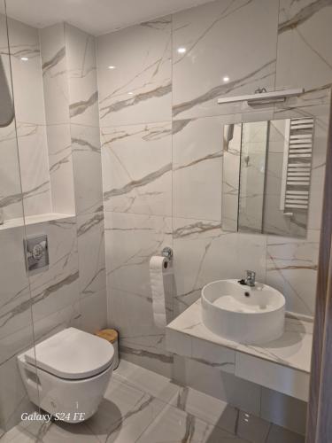 a white bathroom with a toilet and a sink at Gościniec Chmielnicki in Chmielnik