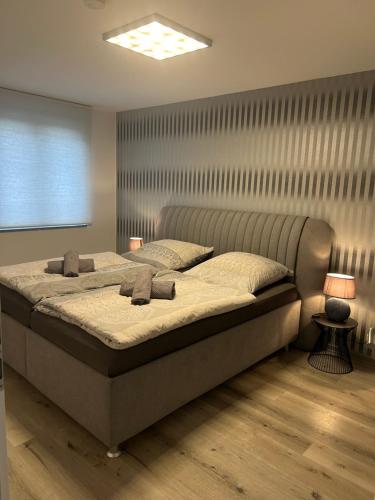 a bedroom with a large bed in a room at FERIENWOHNUNG TRUNK, kühl, direkt an den Weinbergen, Parkplatz, Terrasse mit Grill und Lounge in Roschbach