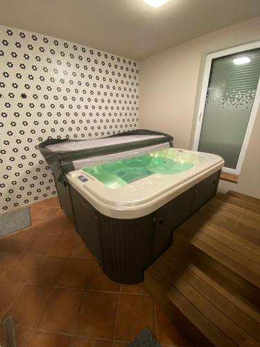a large bath tub in a bathroom with a green water at Apartmány U Jeskyní in Sloup
