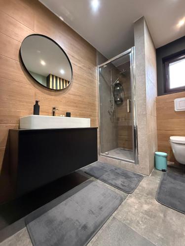 a bathroom with a sink and a mirror at Best Apartment Scheia in Suceava